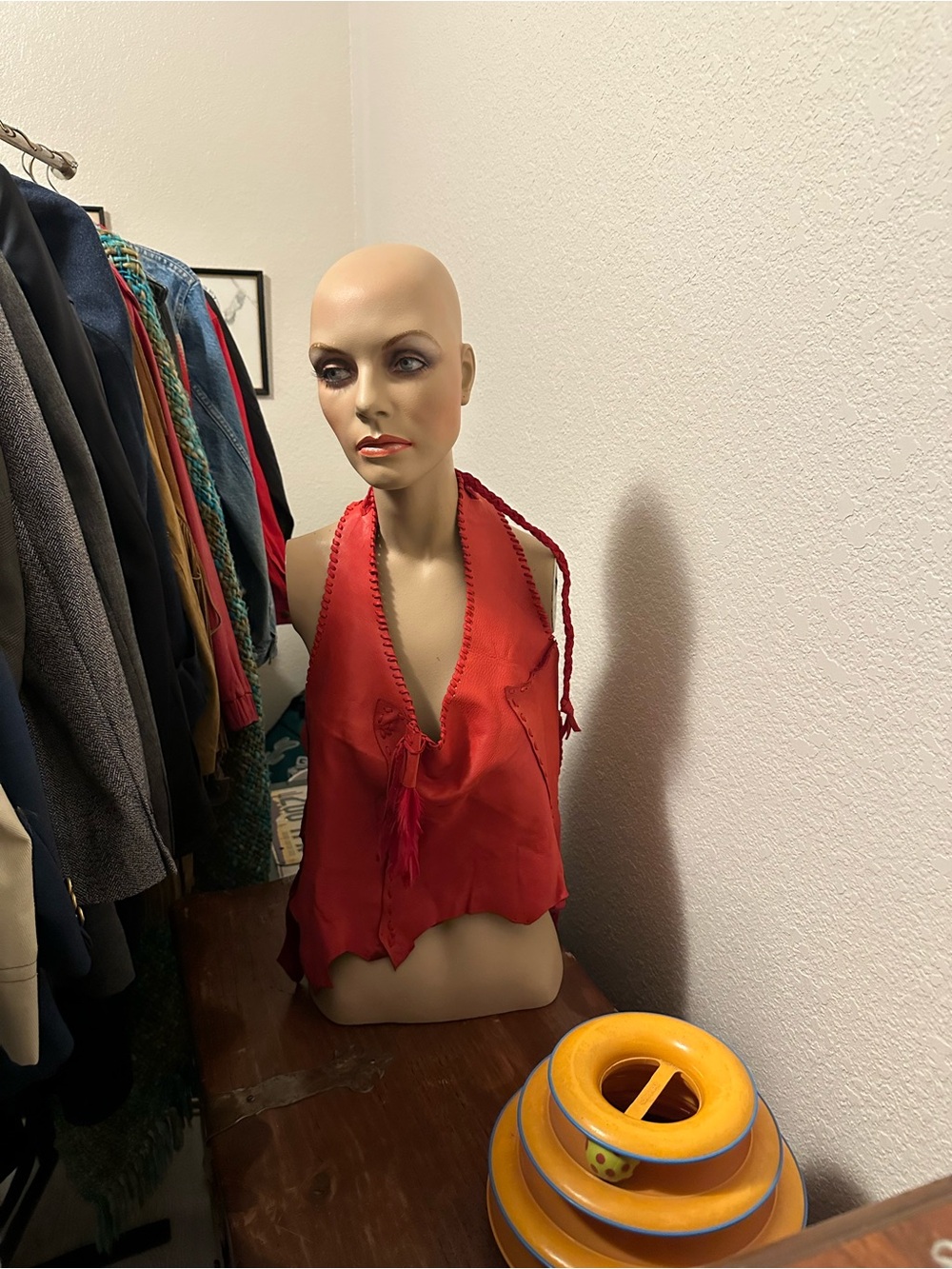 Hand Crafted Red Deerskin Halter -Camisole with Red feather accents. Size M